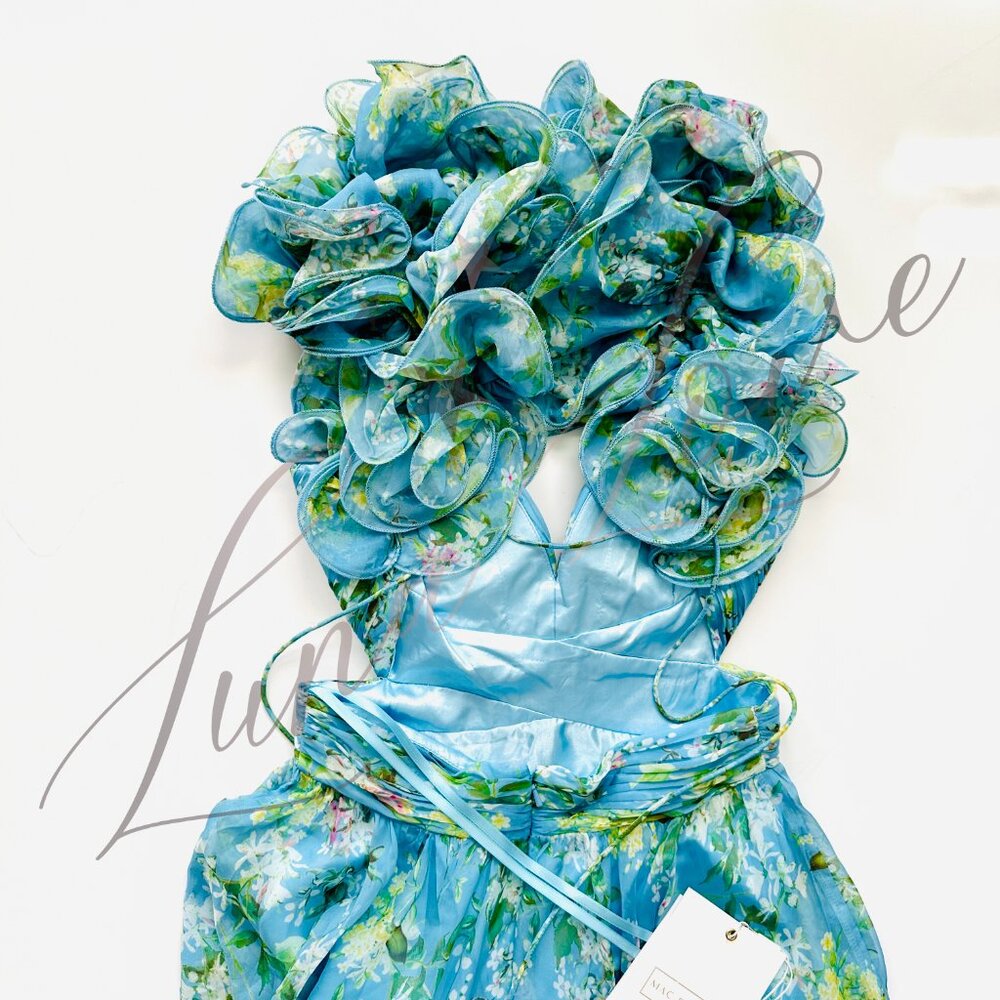 MAC DUGGAL x Anthropologie Blue Ruffle Tiered Floral Cut-Out Chiffon Gown NWT - Picture 8 of 11